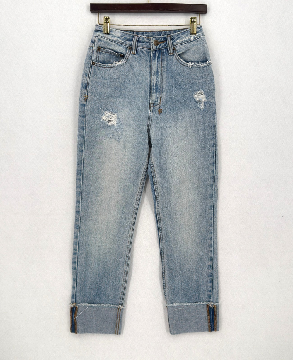Ksubi Playback Light Wash Blue Denim High Rise Distressed Cuffed Jeans Sz 26